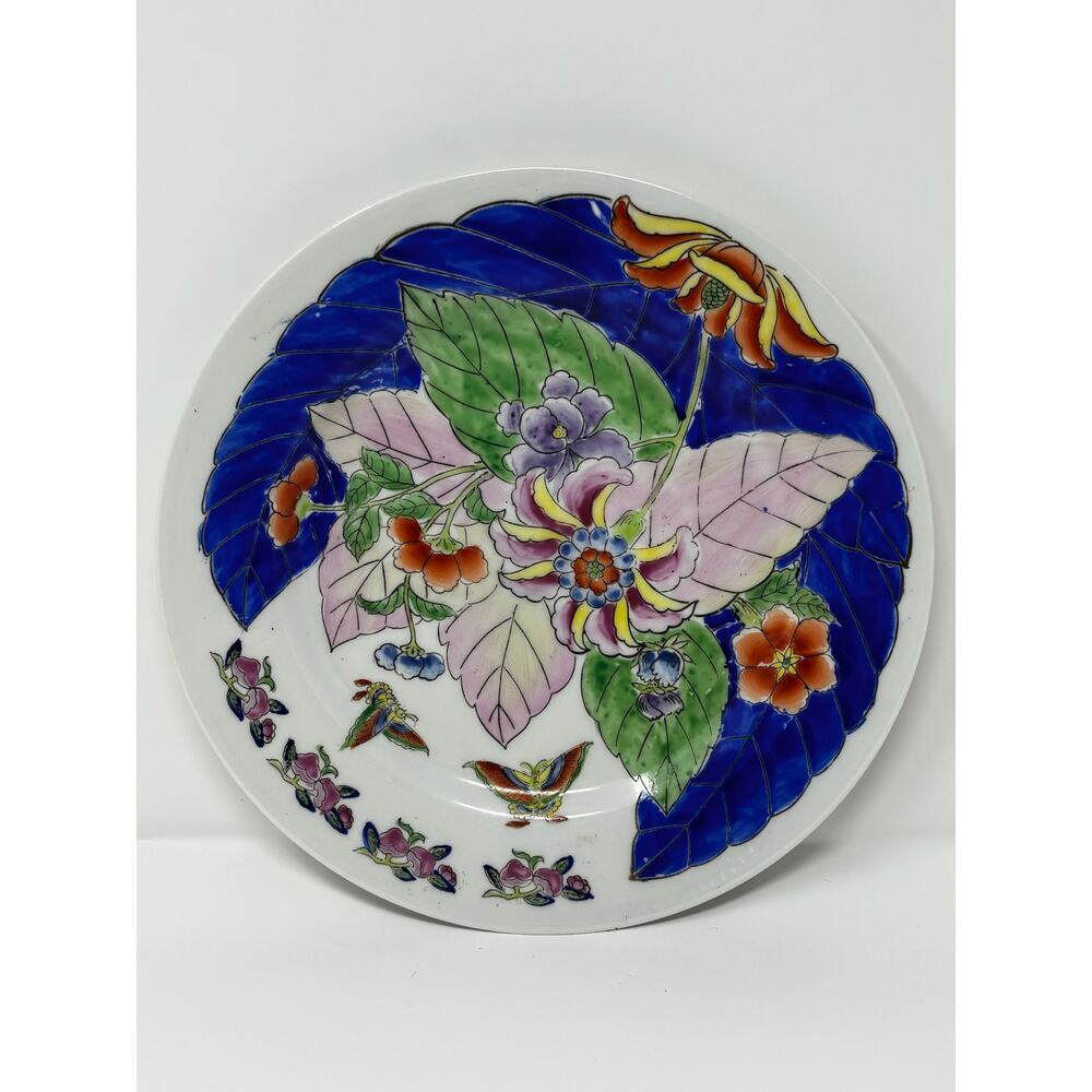 Hand-Painted Macau Decorative Plate | Blue Floral Butterfly Design |wall art